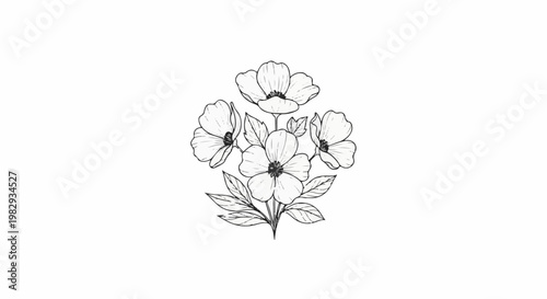 A delicate, hand-drawn sketch of five blooming flowers and their leaves