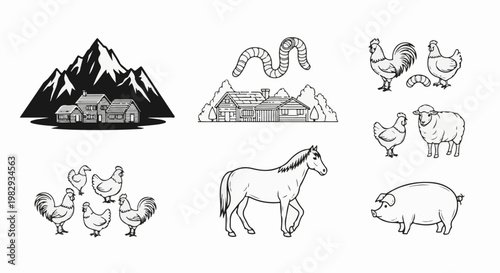 Rustic farm animals and dwellings with mountain backdrop