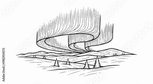 Stylized aurora borealis illuminates a winter landscape with rolling hills and sparse trees