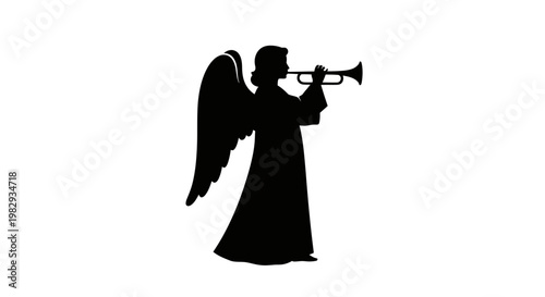 Angel Silhouette Playing Trumpet, Heraldic Winged Figure Announcing News