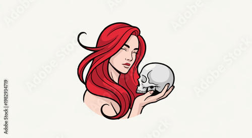 Woman with vibrant red hair contemplating a skull in her hand