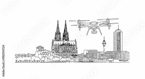 A drone hovers above a city skyline featuring a cathedral and modern buildings