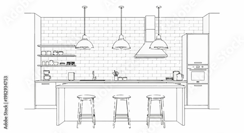 Sketch of a modern kitchen with brick backsplash and island bar