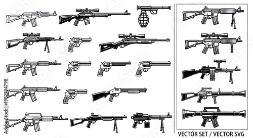 Collection of Vector Weapon Illustrations: Rifles, Pistols, and Grenade Launcher