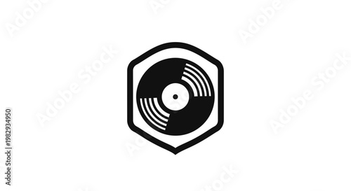 Retro vinyl record icon inside hexagon, vintage music symbol, graphic design
