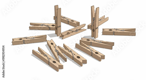 Wooden clothespins arranged in a scattered pattern on a white background