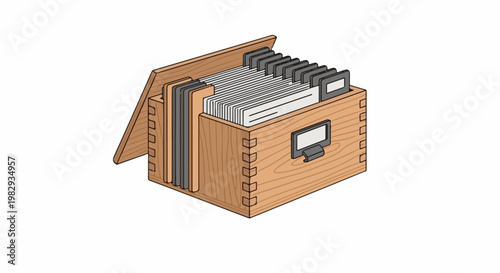 Wooden card catalog box with dividers and tabs, isometric view