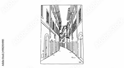 Sketch of a narrow, old European street lined with multi-story buildings