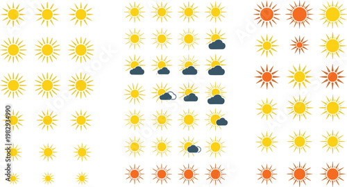 Collection of sun icons with different styles weather symbols sunny cloudy variations flat vector illustration set