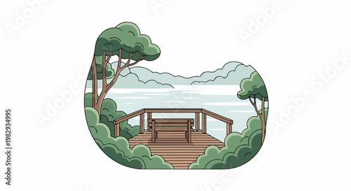 Wooden deck with bench overlooks a serene, mist-shrouded lake bordered by trees