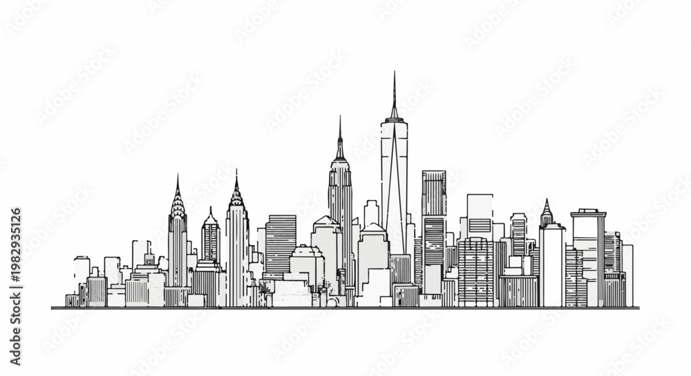 Naklejka premium Stylized outline drawing of a major city skyline with iconic skyscrapers