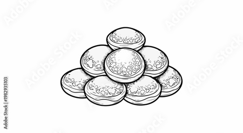 Stacked spherical objects with textured surfaces, outlined in black and white