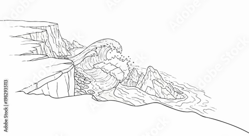 A dramatic ocean wave crashes against rugged cliffs and jagged rocks offshore