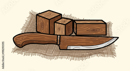 Wooden knife and blocks on burlap
