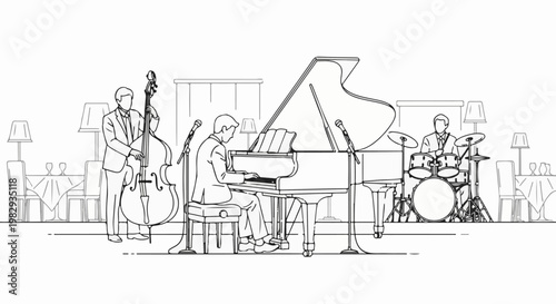 A band playing music indoors with a piano, bass, drums, and tables