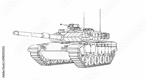 A detailed line drawing of a military tank with a large cannon and tracks