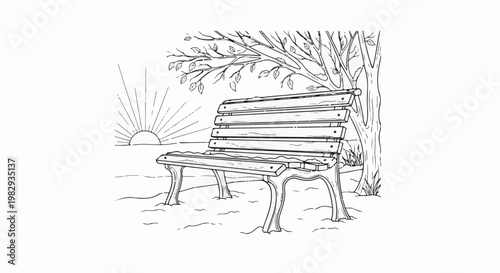 Sunrise illuminates a park bench beneath a bare-branched tree