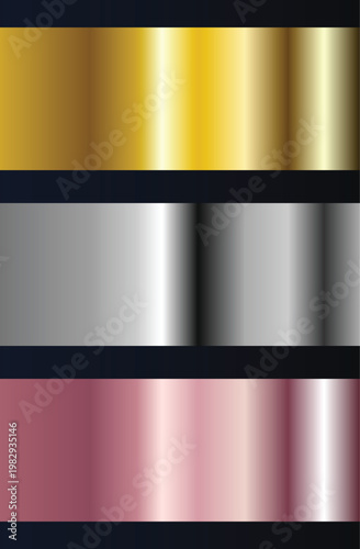 Gold silver and rose gold metallic gradient banners. Three horizontal shiny textures with reflections on dark background. Luxury design elements.