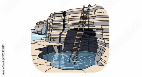 Wooden ladder leading into a natural rock pool by the sea