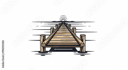 Wooden pier leading to a distant horizon with a stylized sunrise over water