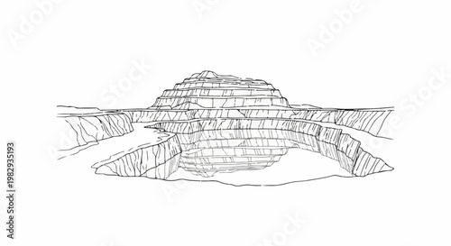 Stylized sketch of a tiered mountain canyon with a river at its base