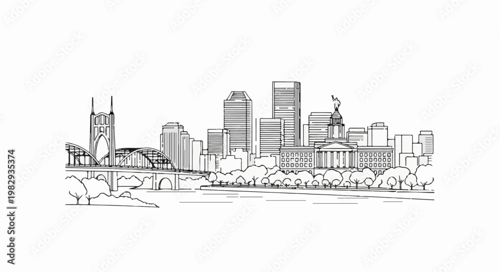 Naklejka premium Stylized line drawing of a city skyline with a bridge and trees