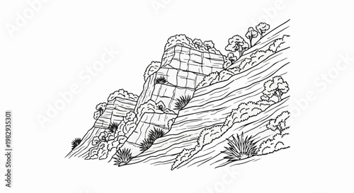 Textured cliffs with sparse vegetation ascend against a white background