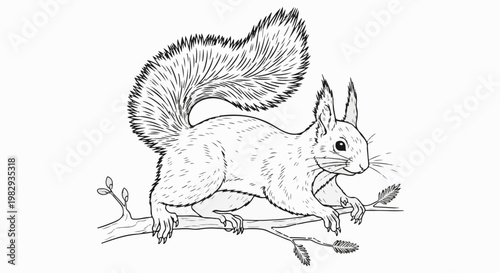 A detailed black and white sketch of a squirrel perched on a branch