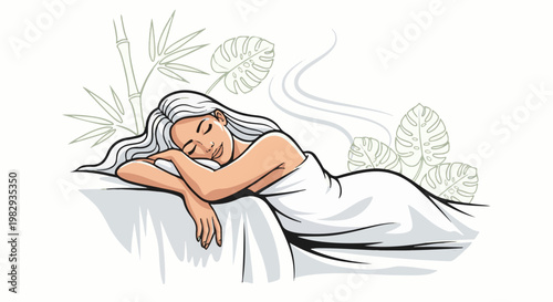 Woman peacefully sleeping on a spa table with decorative leaves and bamboo