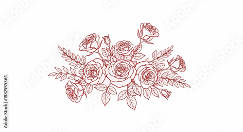 A delicate line drawing in a muted red hue showcases a bouquet of roses with scattered leaves