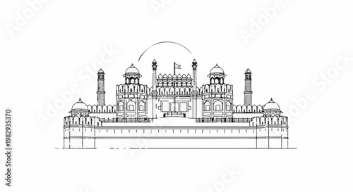 Stylized line drawing of a grand fort with domes, minarets, and a flag