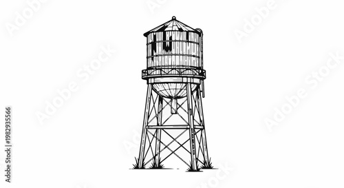 Tall, weathered water tower with riveted metal and open lattice support