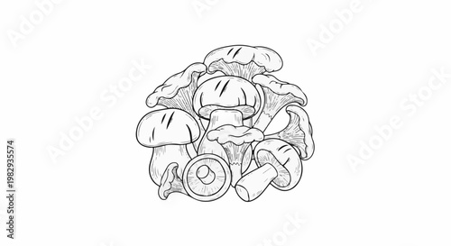 A black and white sketch of a cluster of various wild mushrooms