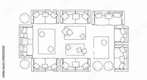 Top-down sketch of a modern living room layout with sofas, coffee tables, and side tables