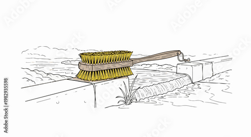 Two brushes rest on a ledge next to a gentle waterfall cascading into water