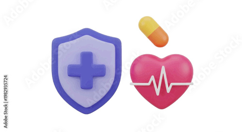 Vector illustration of 3d medical icons of a shield, heart with ekg line, and a pill on a transparent background