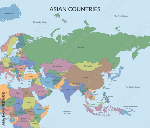 Detailed political map of Asian countries and nearby regions. Vector flat background.	

