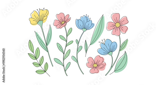 Hand-Drawn Floral Elements: Delicate Flowers and Leaves in Pastel Colors