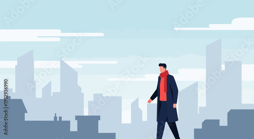 Man in coat and scarf walking in city with skyscrapers, urban landscape, modern architecture
