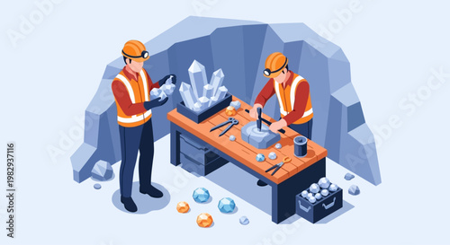 Miners carefully extracting and processing precious crystals and gemstones inside a dimly lit cave.