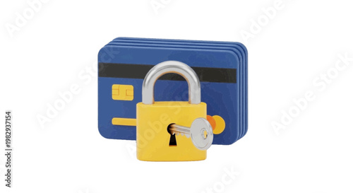 Vector illustration of credit cards secured with a padlock and key on a transparent background