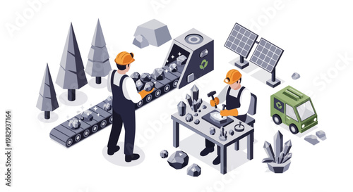 Isometric illustration of mining operations, showing workers, conveyor belts, processing machinery, solar panels, and a small vehicle.