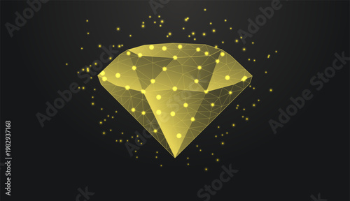 Low poly wireframe diamond gemstone on dark background.