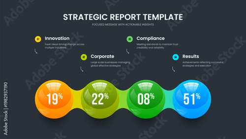 Simple Performance 4 Option Diagram Slide Layout. Digital Plan Four Element Chart Presentation Template. Educational Report Frame Design Vector Illustration.