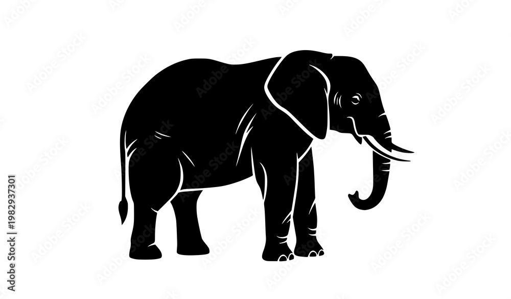 Fototapeta premium Wild elephant silhouette vector black white safari animal icon