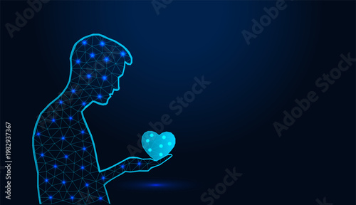 Low poly wireframe man holding a heart in his hand on dark blue background.