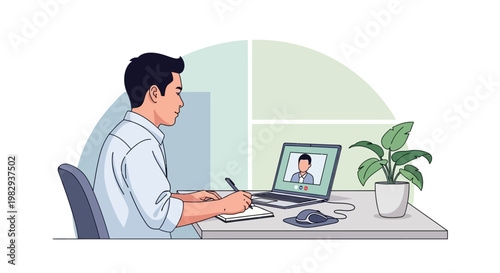 Man working remotely on laptop, online meeting, taking notes, home office setup