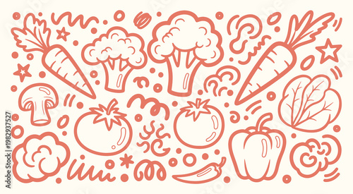 Hand drawn fresh vegetable doodle set featuring broccoli carrot tomato and pepper with decorative elements