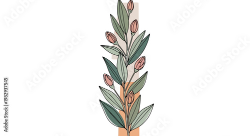 Minimalist botanical illustration of a branch with buds and leaves, abstract background