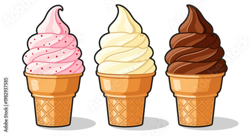 Three colorful ice cream cones with strawberry, vanilla, and chocolate flavors on a white background